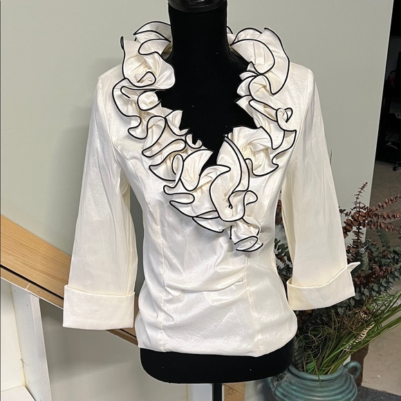 Xscape Tops - Xscape Elegant Cream Blouse with Black Ruffle Accents